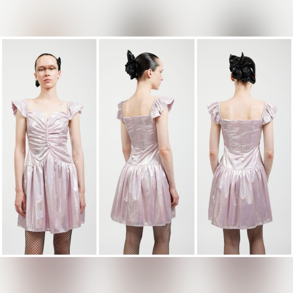 NWOT Batsheva Wendy Ruched Holographic Lamé Mini Dress In Baby Pink